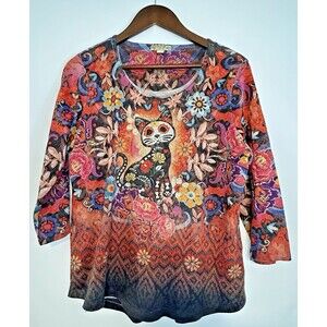 Energe Y2K Sugar Skull Cat‎ Top Shirt L Whimsical Festival Folk Art Vibrant